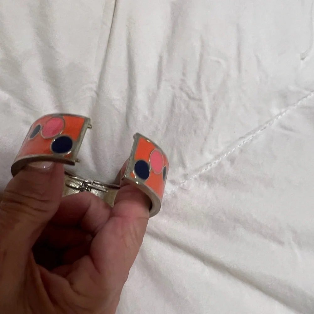 Colorful Orange Enamel Bangle with Pink and Navy Accent Dots Cuff bangle - Picture 3 of 3